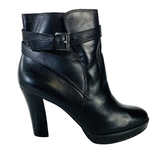 Arturo Chiang Womens Primo Ankle Boots Size 7.5 M Platform Black Leather Buckle - Picture 1 of 16